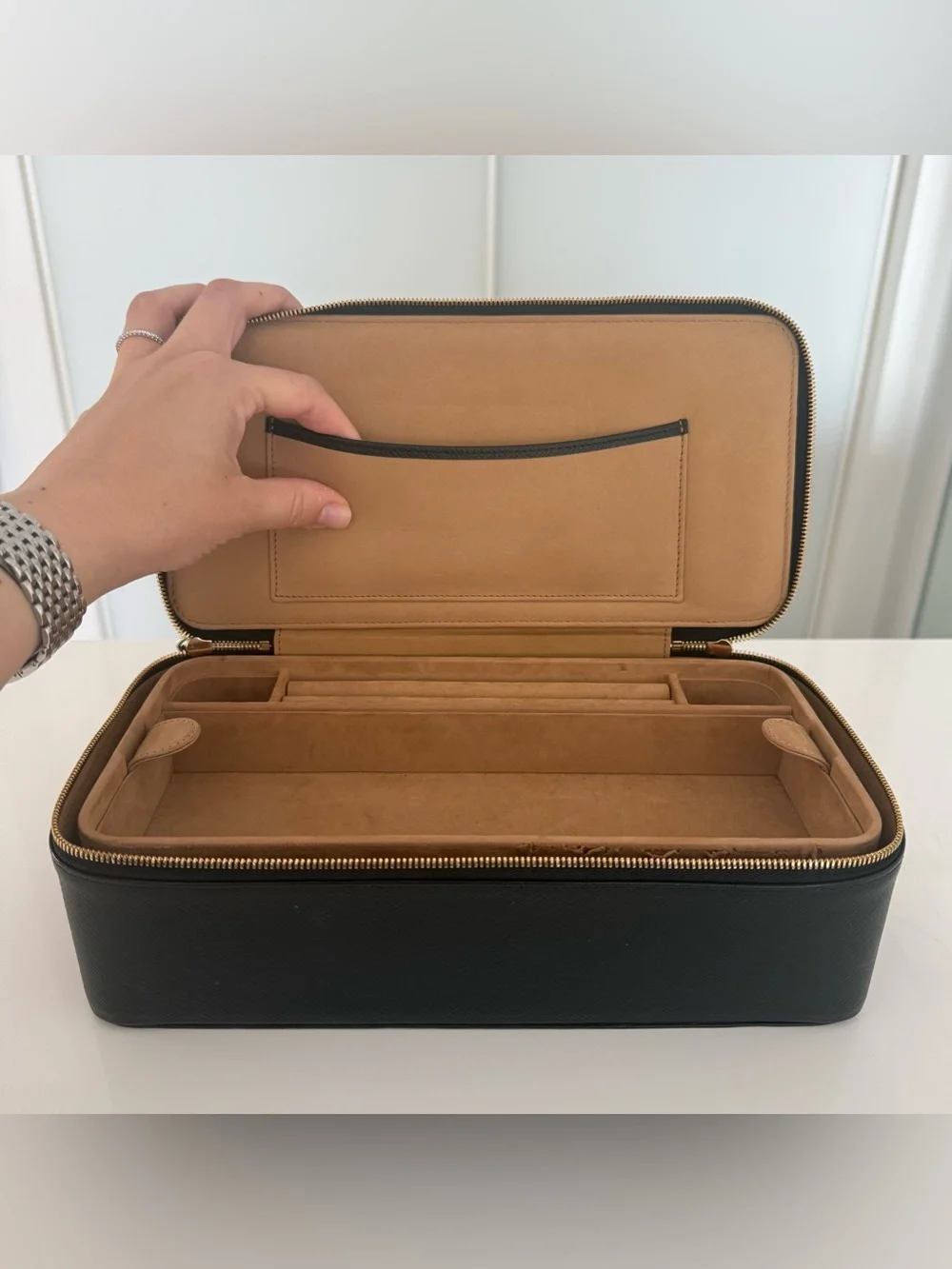 SMYTHSON Black Pebbled Leather Jewelry Case - Gold Hardware - 10.6” x 5.5” x 3”
